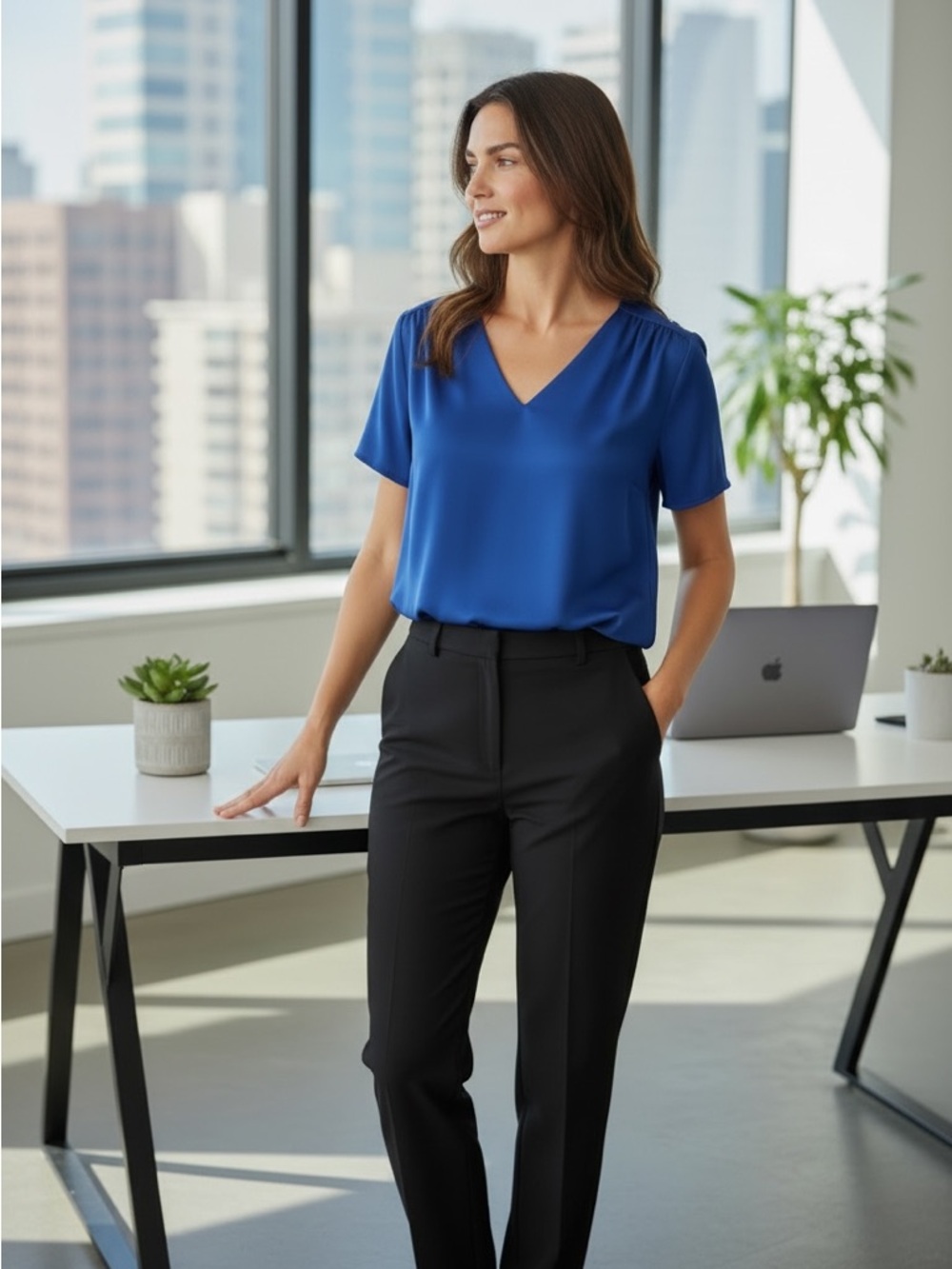 Calvin Klein Royal Blue V-Neck Blouse with Gold Hardware Detail